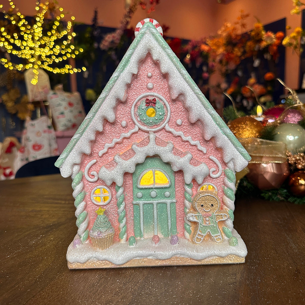 Viv! Christmas Tabletop Figure - Gingerbread House incl. LED Lighting - pastel pink - 25cm