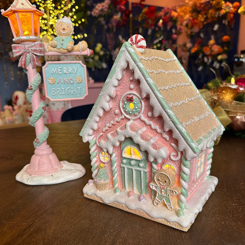 Viv! Christmas Tabletop Figure - Gingerbread House incl. LED Lighting - pastel pink - 25cm