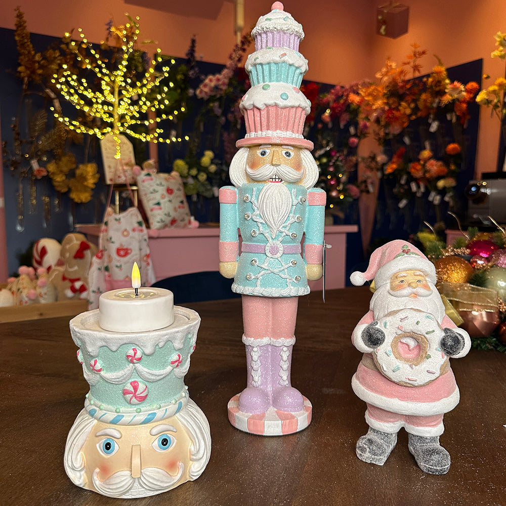 Viv! Christmas Table Decoration - Candle Holder Candy Nutcracker - pastel - blue pink - 14cm