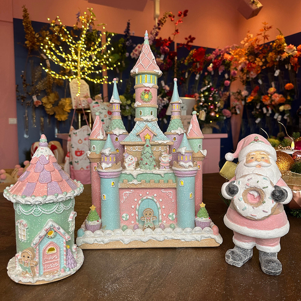 Viv! Christmas Tabletop Figure - Gingerbread Castle Sweets incl. LED Lighting - pastel - pink blue - 42cm