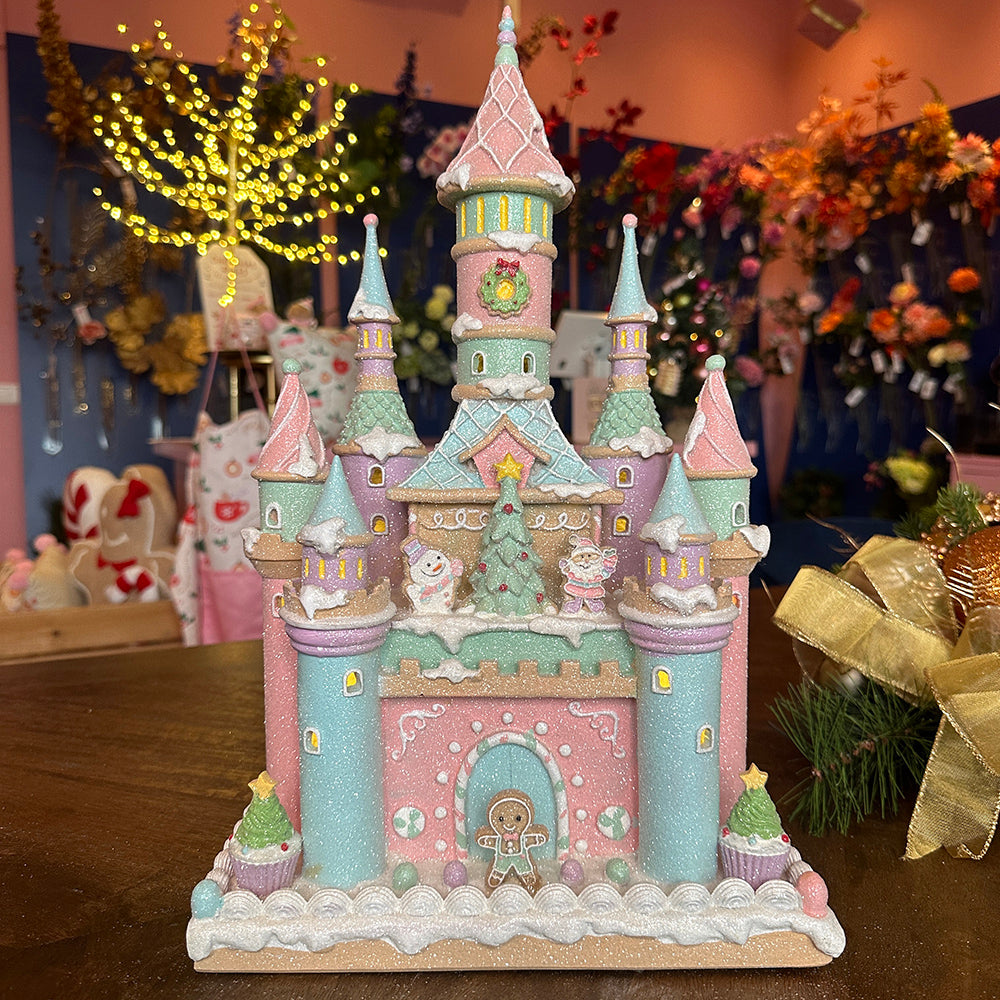 Viv! Christmas Tabletop Figure - Gingerbread Castle Sweets incl. LED Lighting - pastel - pink blue - 42cm