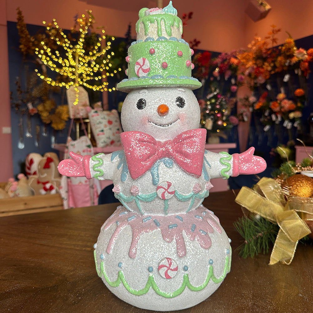 Viv! Christmas Tabletop Figure - Snowman with Bow Tie and Candy - pastel - pink - 45cm