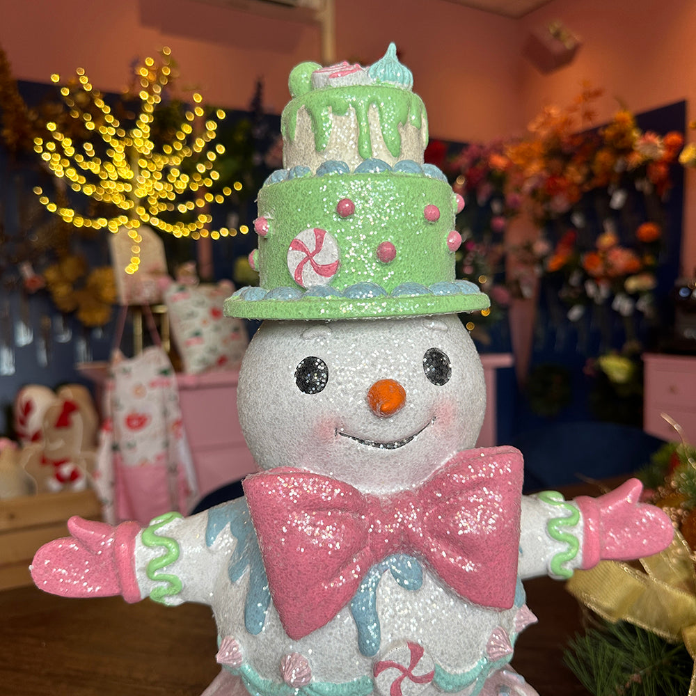 Viv! Christmas Tabletop Figure - Snowman with Bow Tie and Candy - pastel - pink - 45cm