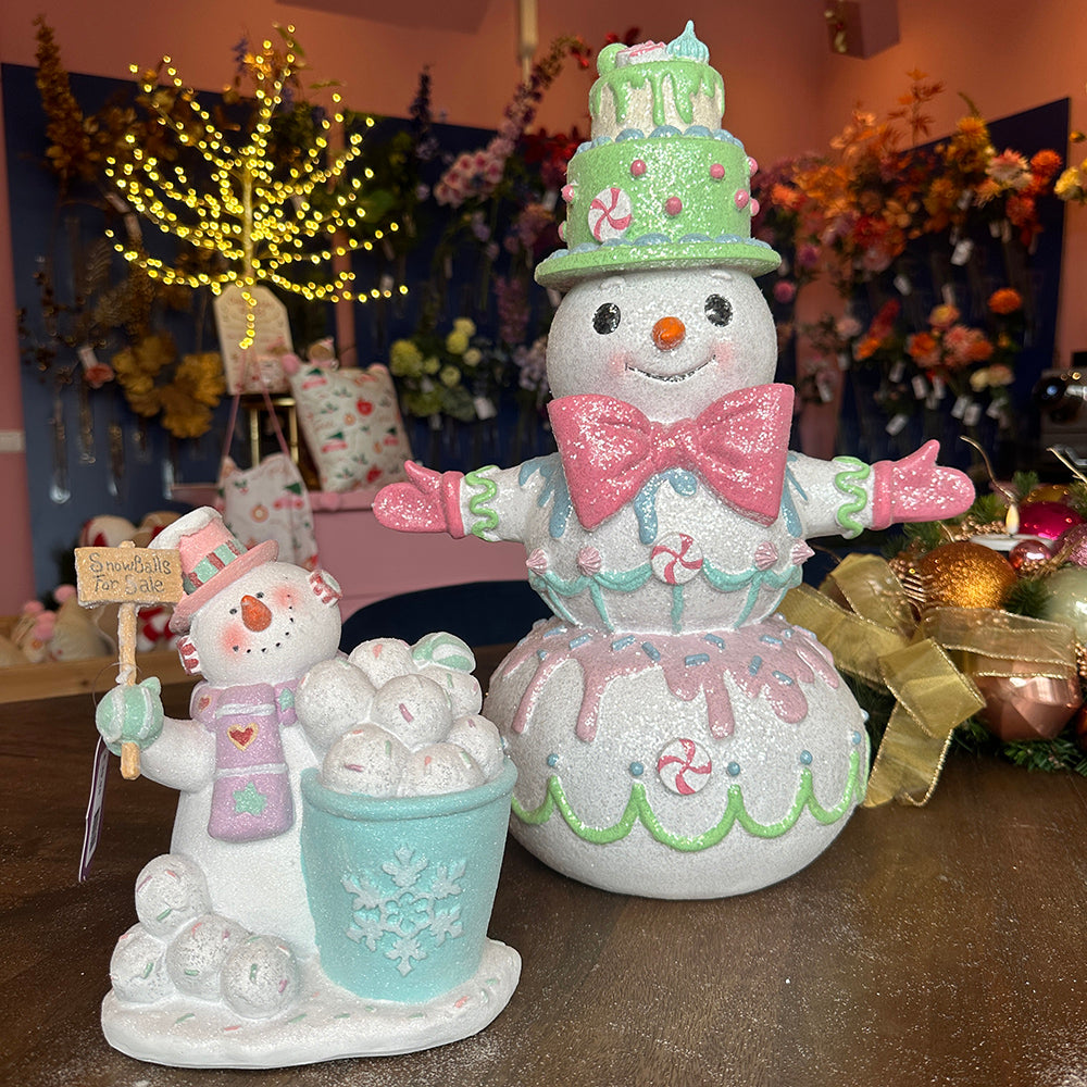 Viv! Christmas Tabletop Figure - 'Snowballs For Sale' Snowman - pastel - pink blue - 20.5cm