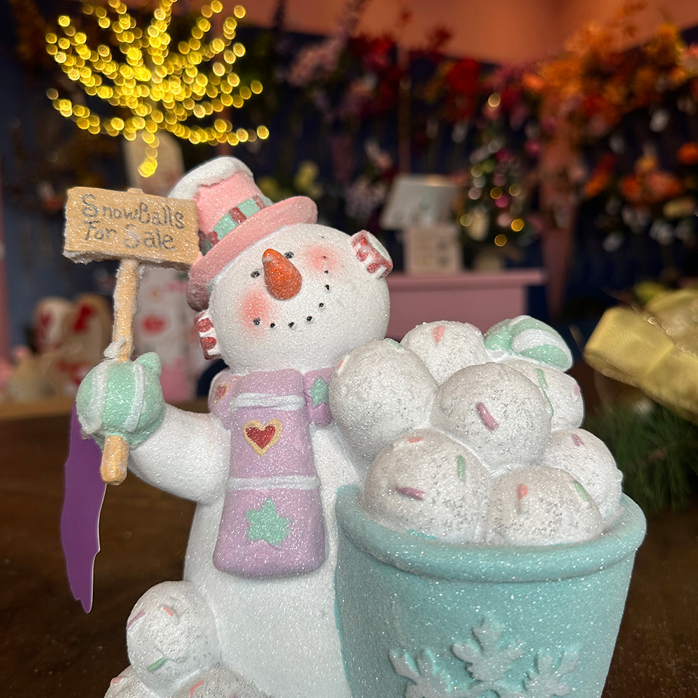 Viv! Christmas Tabletop Figure - 'Snowballs For Sale' Snowman - pastel - pink blue - 20.5cm