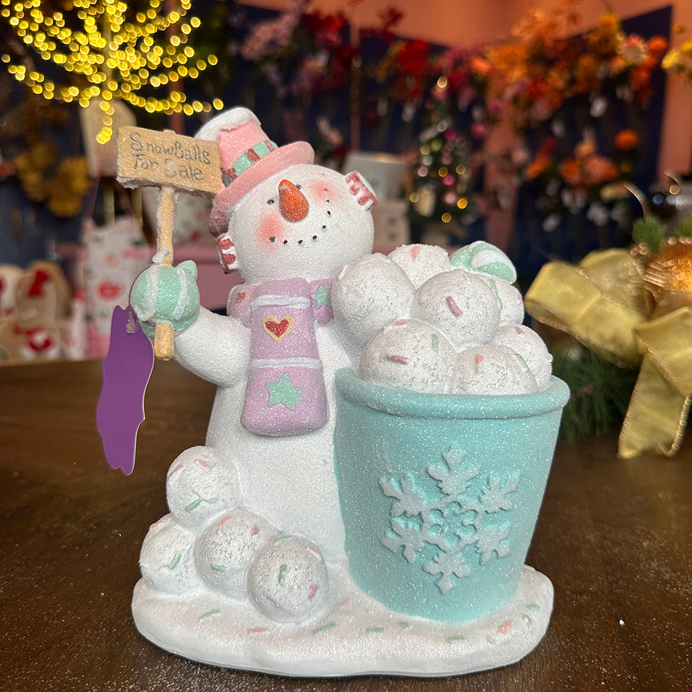 Viv! Christmas Tabletop Figure - 'Snowballs For Sale' Snowman - pastel - pink blue - 20.5cm