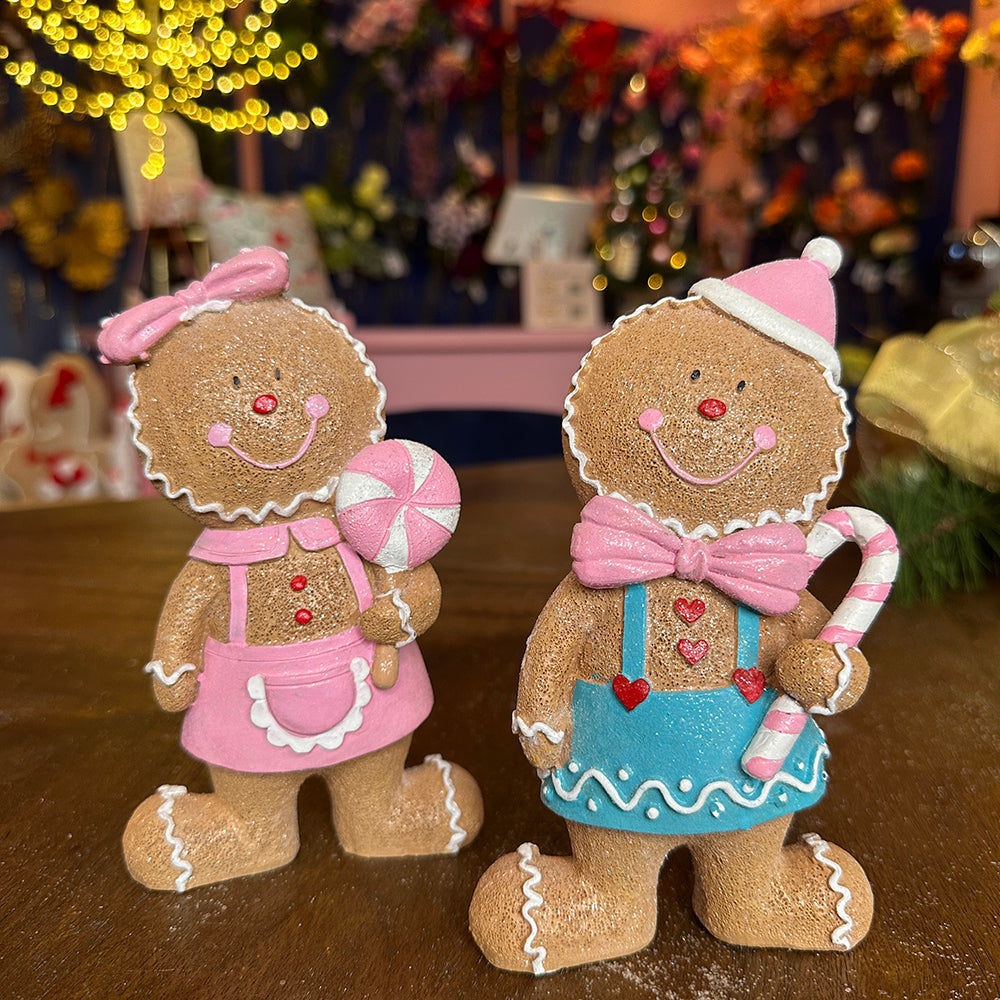 Viv! Christmas Tabletop Figure - Gingerbread Boy and Girl with Candy - Set of 2 - Pastel - Pink Blue - 16.5cm