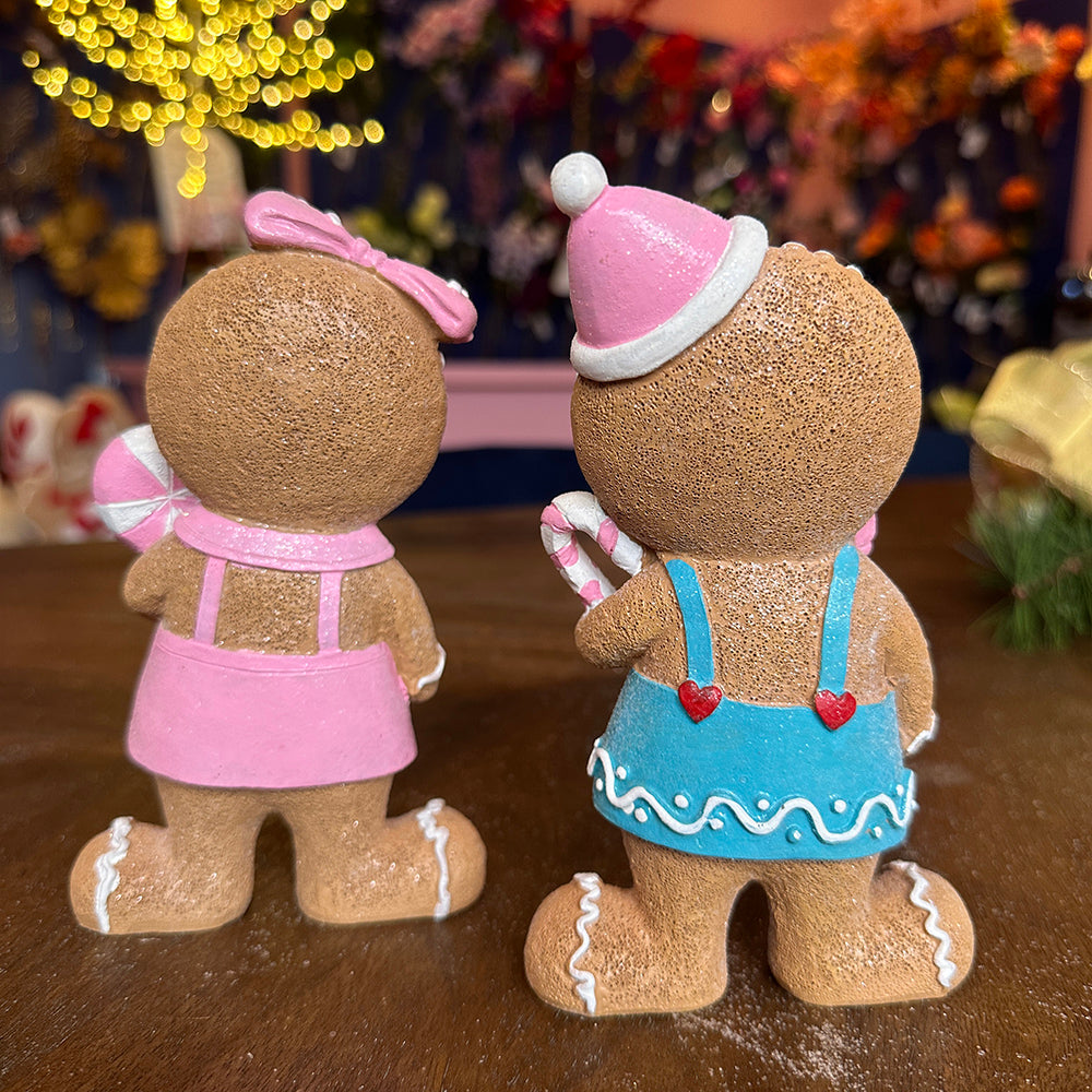 Viv! Christmas Tabletop Figure - Gingerbread Boy and Girl with Candy - Set of 2 - Pastel - Pink Blue - 16.5cm