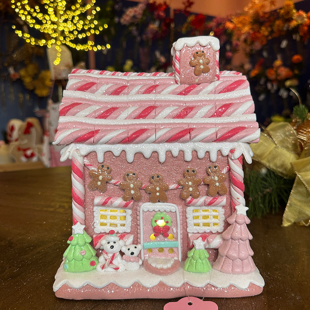 Viv! Christmas Tabletop Figure - Gingerbread House of Clay with Marshmallow Bears incl. LED Lighting - Pastel Pink - 23cm