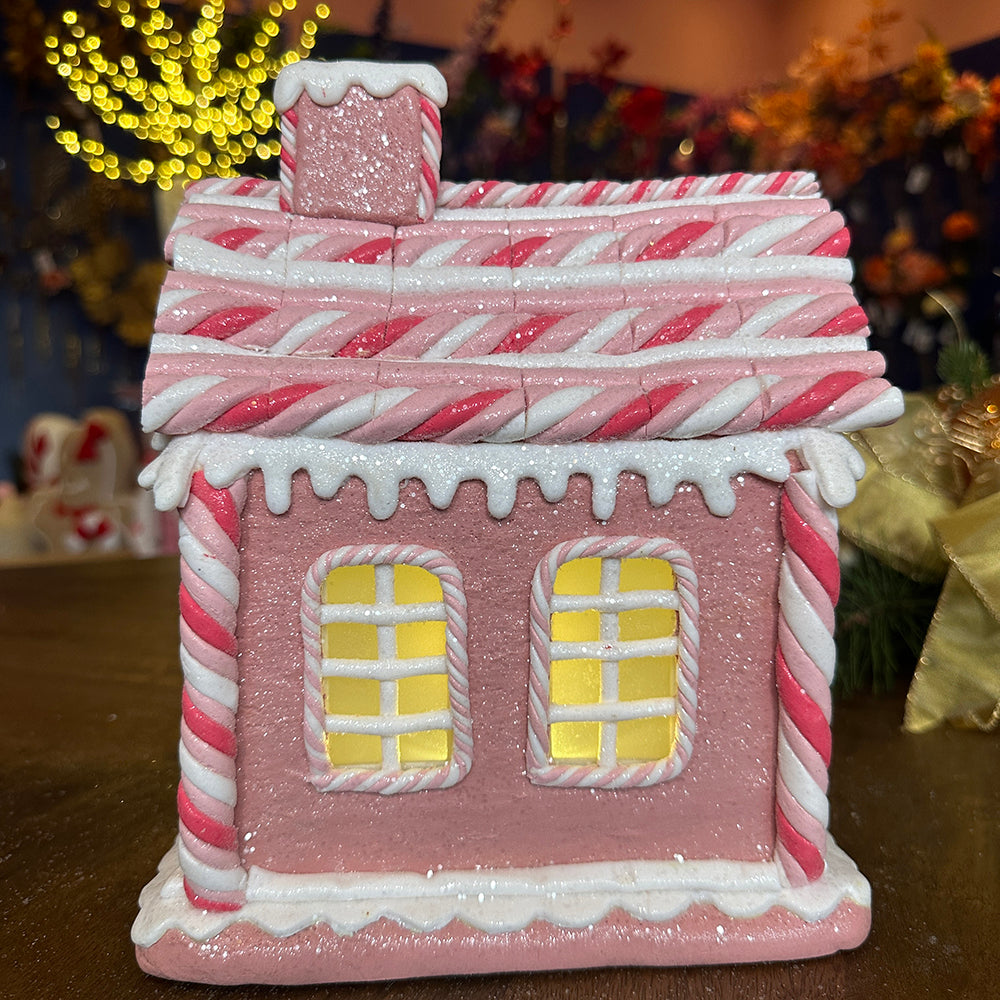 Viv! Christmas Tabletop Figure - Gingerbread House of Clay with Marshmallow Bears incl. LED Lighting - Pastel Pink - 23cm