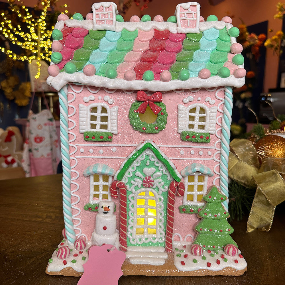 Viv! Christmas Tabletop Figure - Clay Gingerbread House with Snowman and Candy incl. LED Lighting - Pastel Pink - 36cm