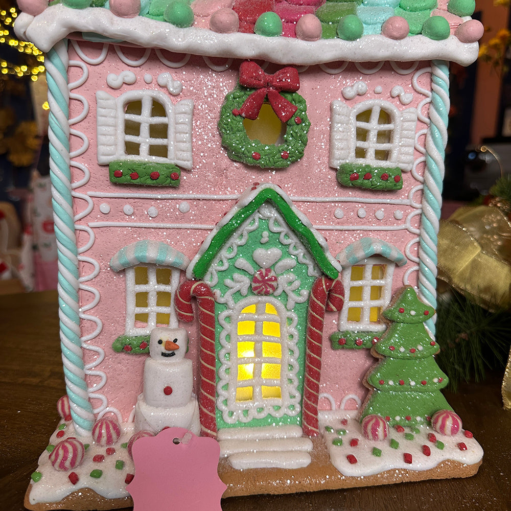 Viv! Christmas Tabletop Figure - Clay Gingerbread House with Snowman and Candy incl. LED Lighting - Pastel Pink - 36cm