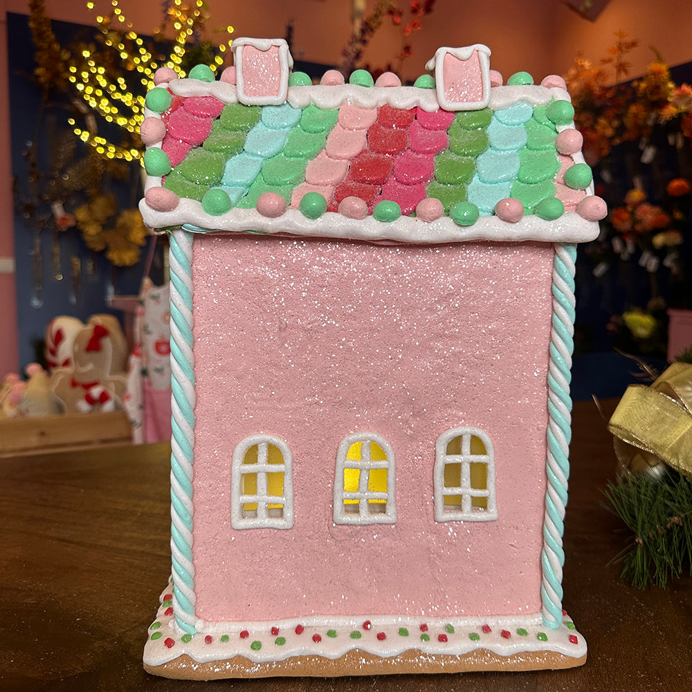 Viv! Christmas Tabletop Figure - Clay Gingerbread House with Snowman and Candy incl. LED Lighting - Pastel Pink - 36cm