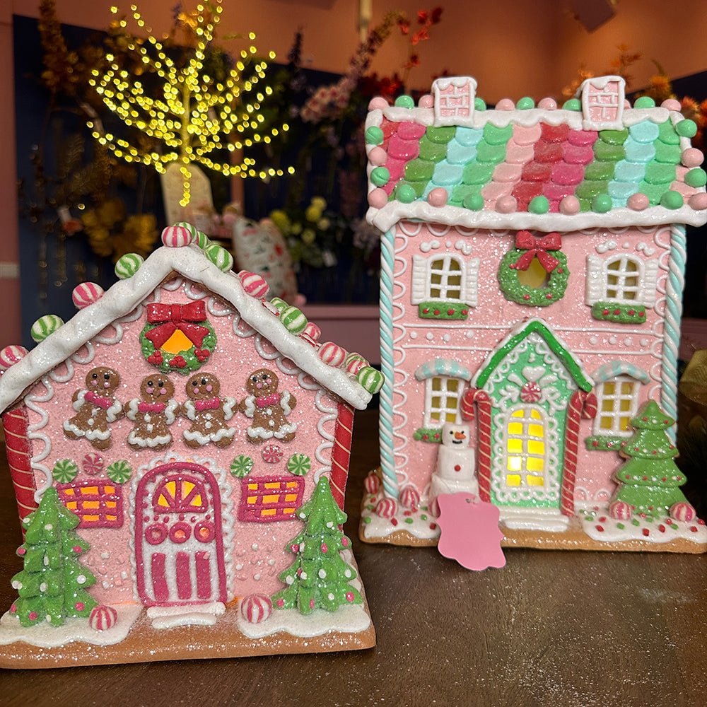 Viv! Christmas Tabletop Figure - Clay Gingerbread House with Snowman and Candy incl. LED Lighting - Pastel Pink - 36cm