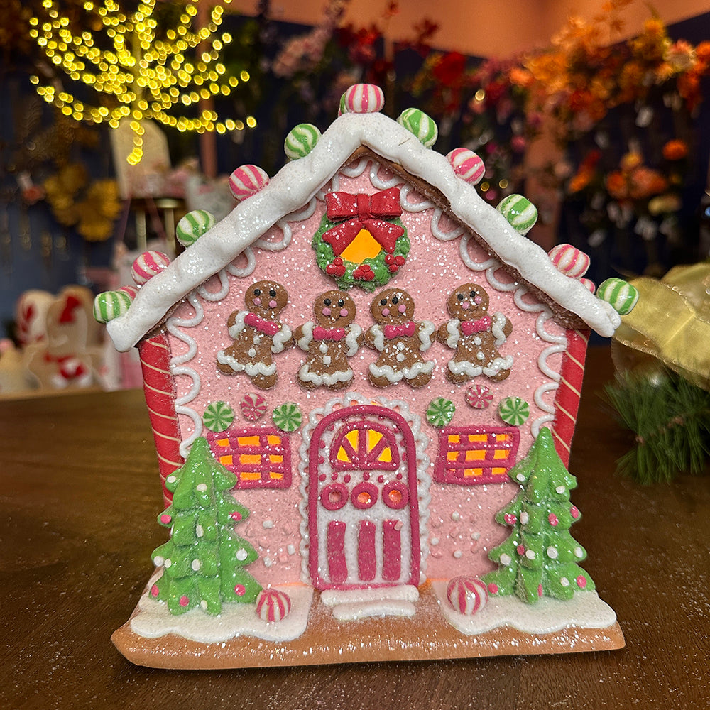 Viv! Christmas Tabletop Figure - Gingerbread Man House of Clay incl. LED Lighting - Pastel Pink - 22cm