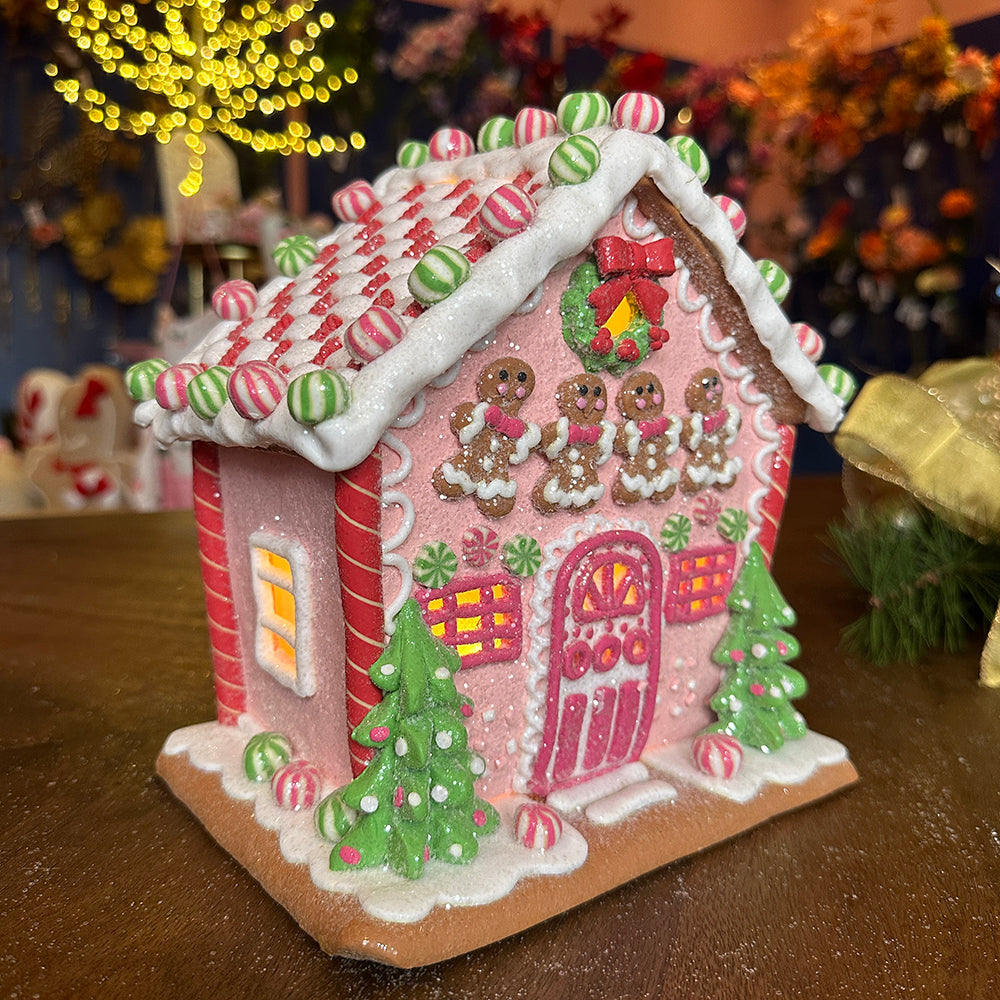 Viv! Christmas Tabletop Figure - Gingerbread Man House of Clay incl. LED Lighting - Pastel Pink - 22cm