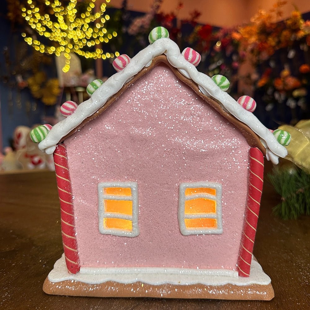 Viv! Christmas Tabletop Figure - Gingerbread Man House of Clay incl. LED Lighting - Pastel Pink - 22cm