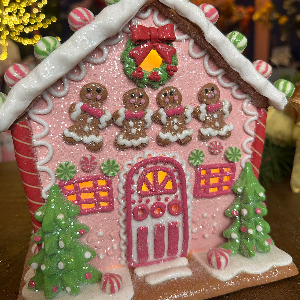 Viv! Christmas Tabletop Figure - Gingerbread Man House of Clay incl. LED Lighting - Pastel Pink - 22cm