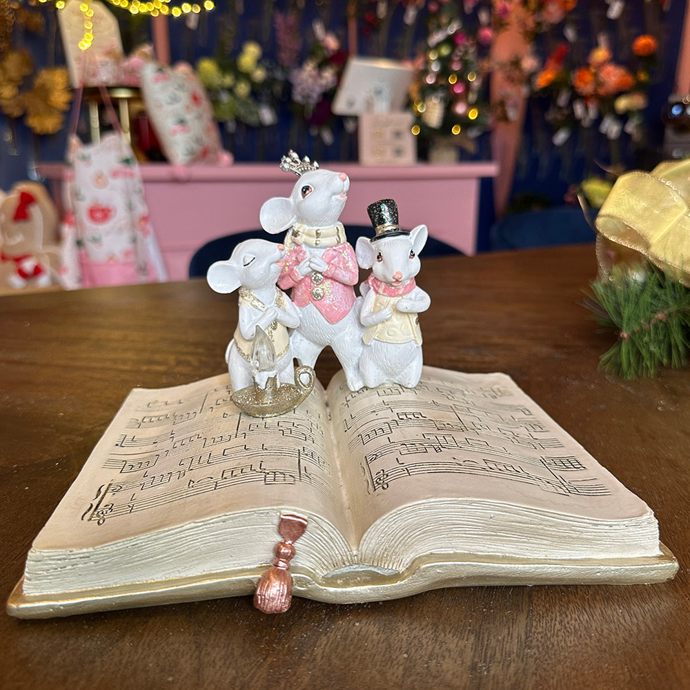 Viv! Christmas Tabletop Figure - Music Book with Singing Mice and Candle - Pink White - 23cm