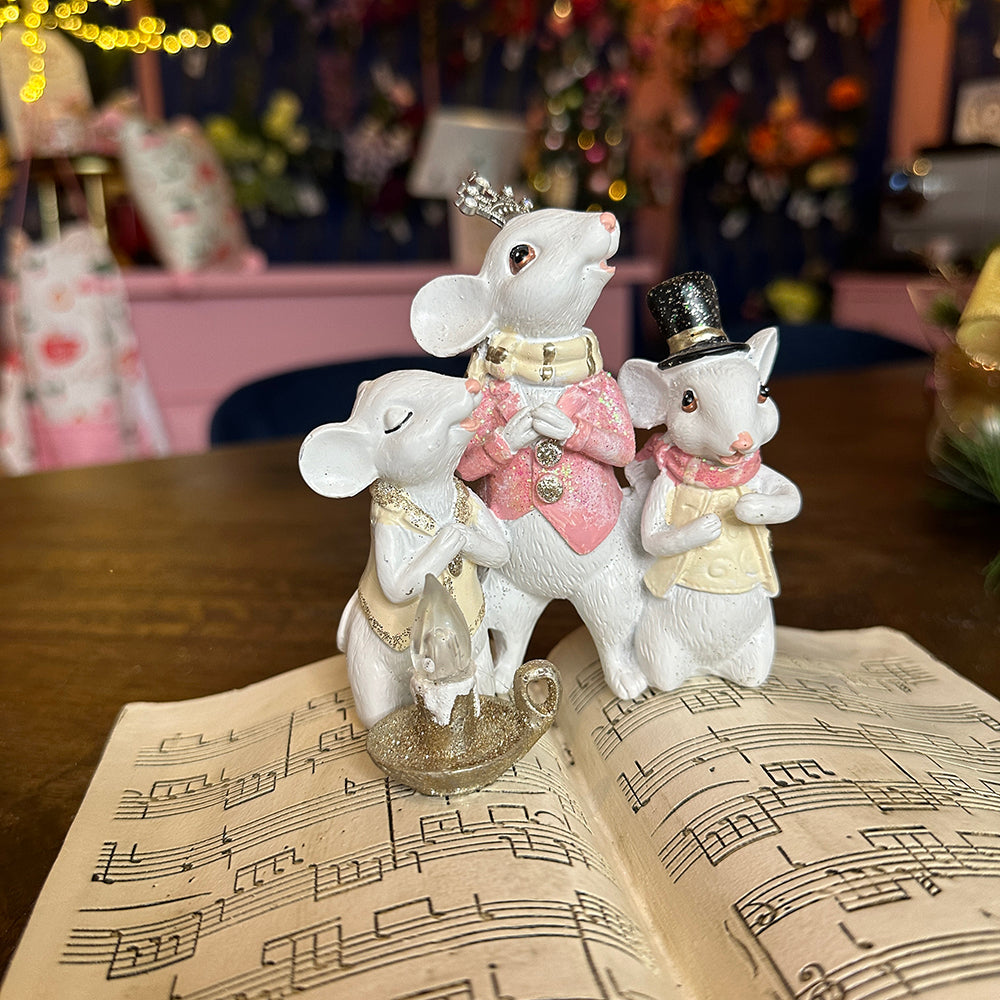 Viv! Christmas Tabletop Figure - Music Book with Singing Mice and Candle - Pink White - 23cm