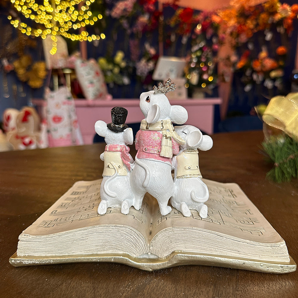 Viv! Christmas Tabletop Figure - Music Book with Singing Mice and Candle - Pink White - 23cm