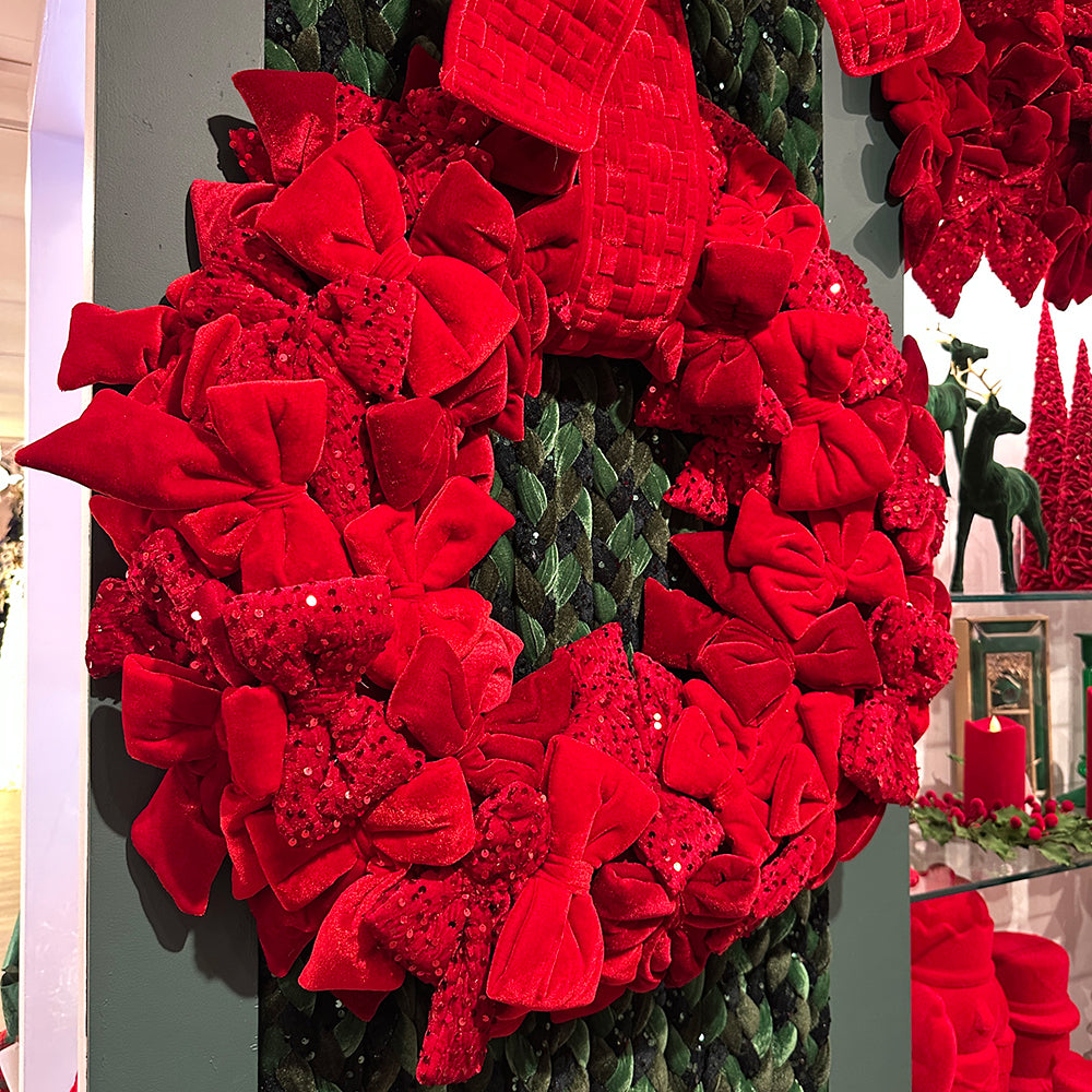 Viv! Christmas Luxury Wreath - Velvet Bows w/ Sequins - Red - 76 cm