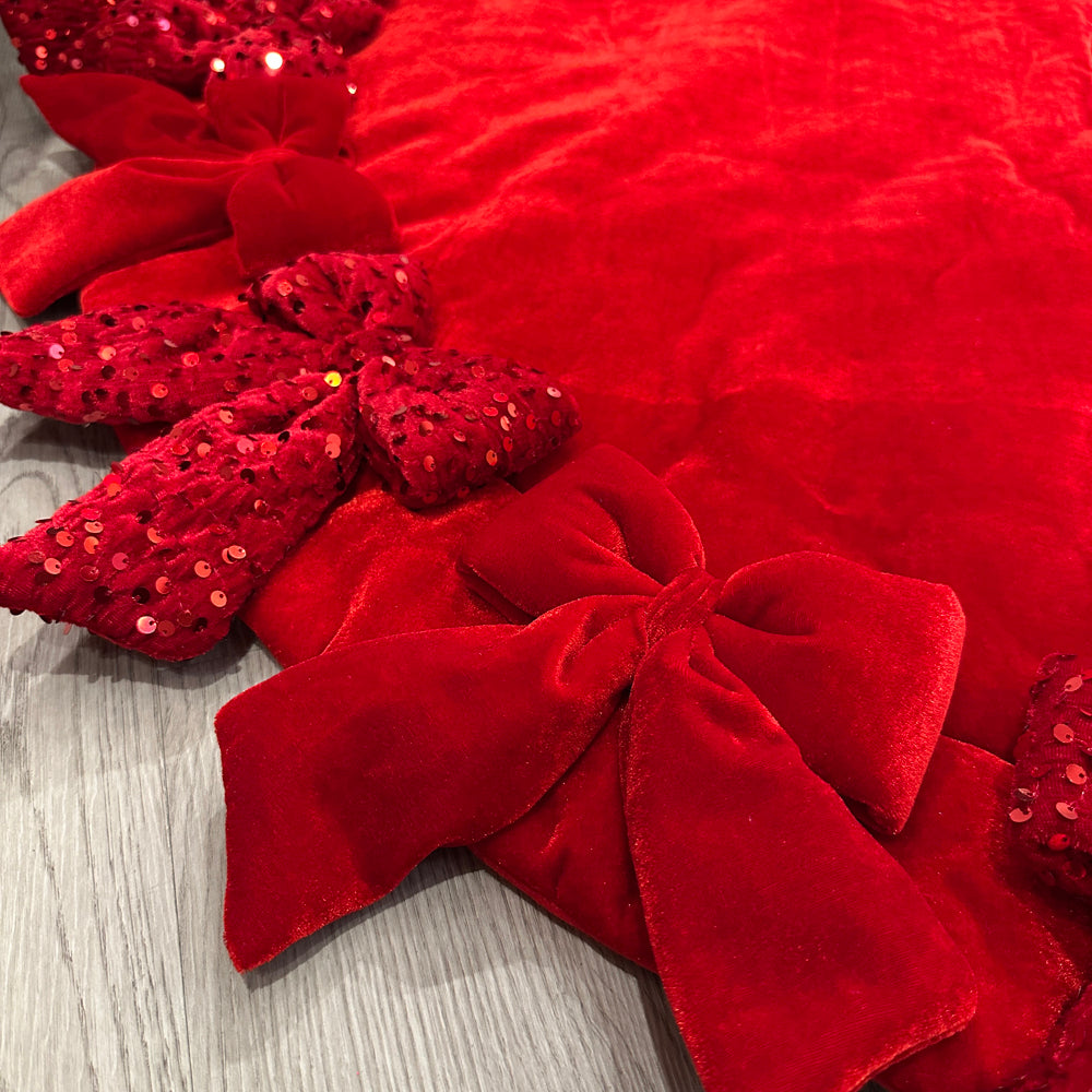 Viv! Christmas Luxe Kerstboomrok - Fluwelen Strikken met Pailletten - rood - Ø122cm