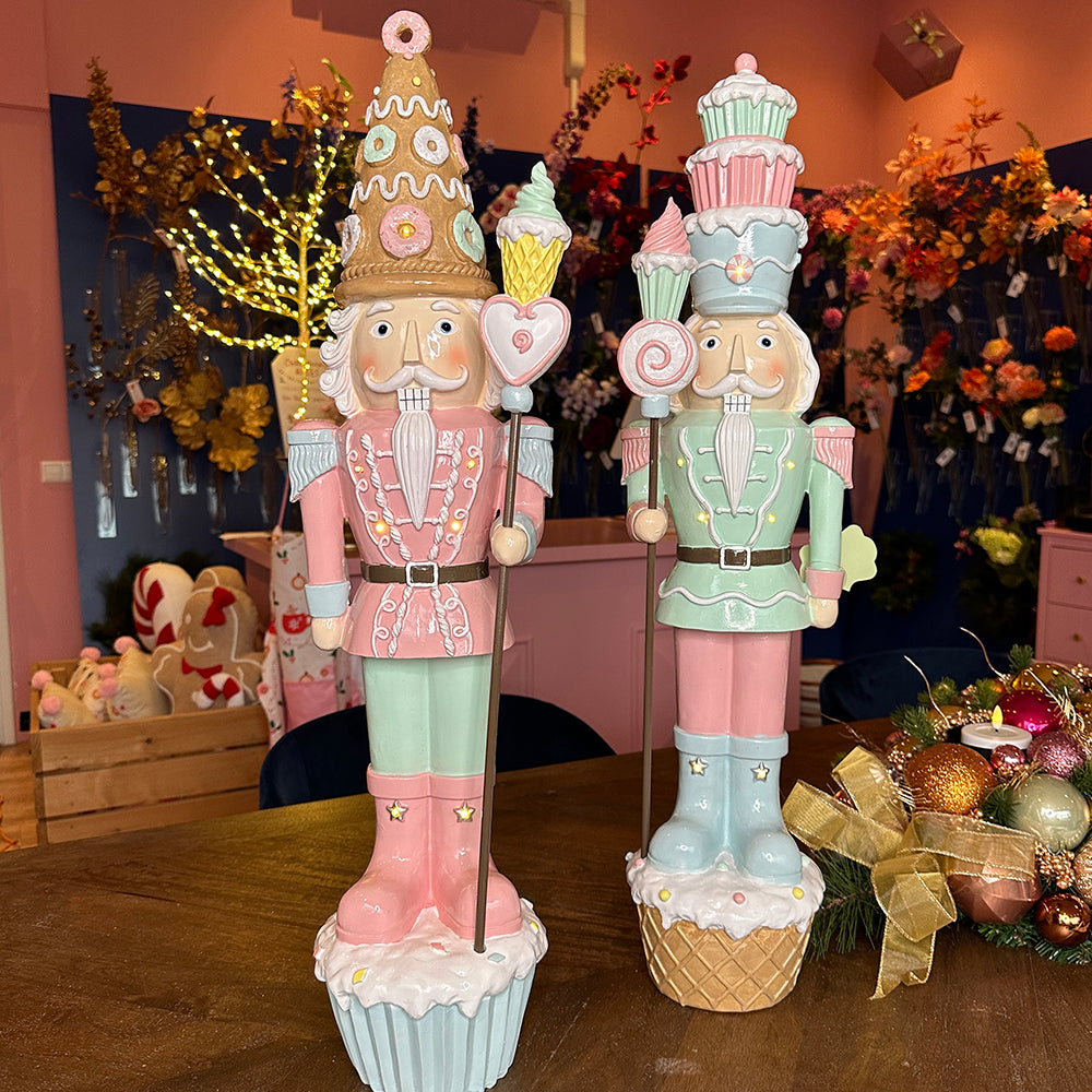 Viv! Christmas Tabletop Figure - Large Nutcracker Cupcake & Donuts incl. LED Lighting - set of 2 - Pastel - Pink Blue - 70cm