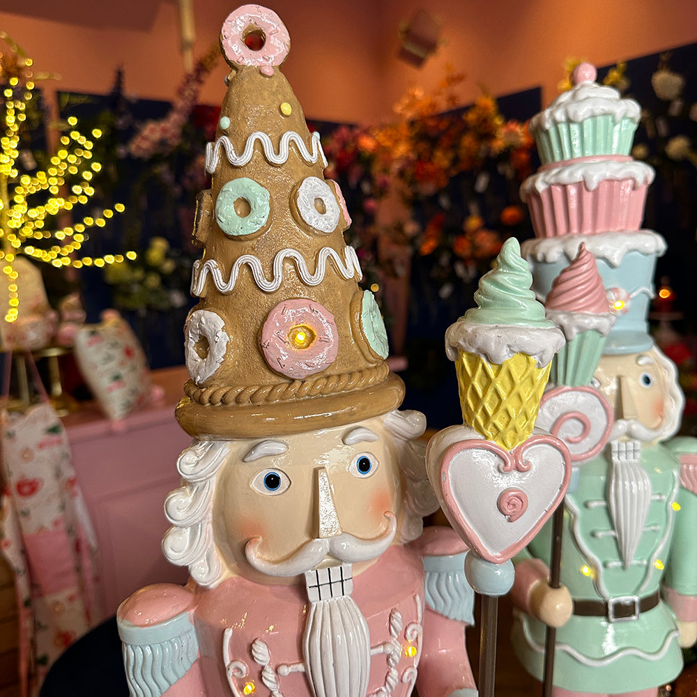 Viv! Christmas Tabletop Figure - Large Nutcracker Cupcake & Donuts incl. LED Lighting - set of 2 - Pastel - Pink Blue - 70cm