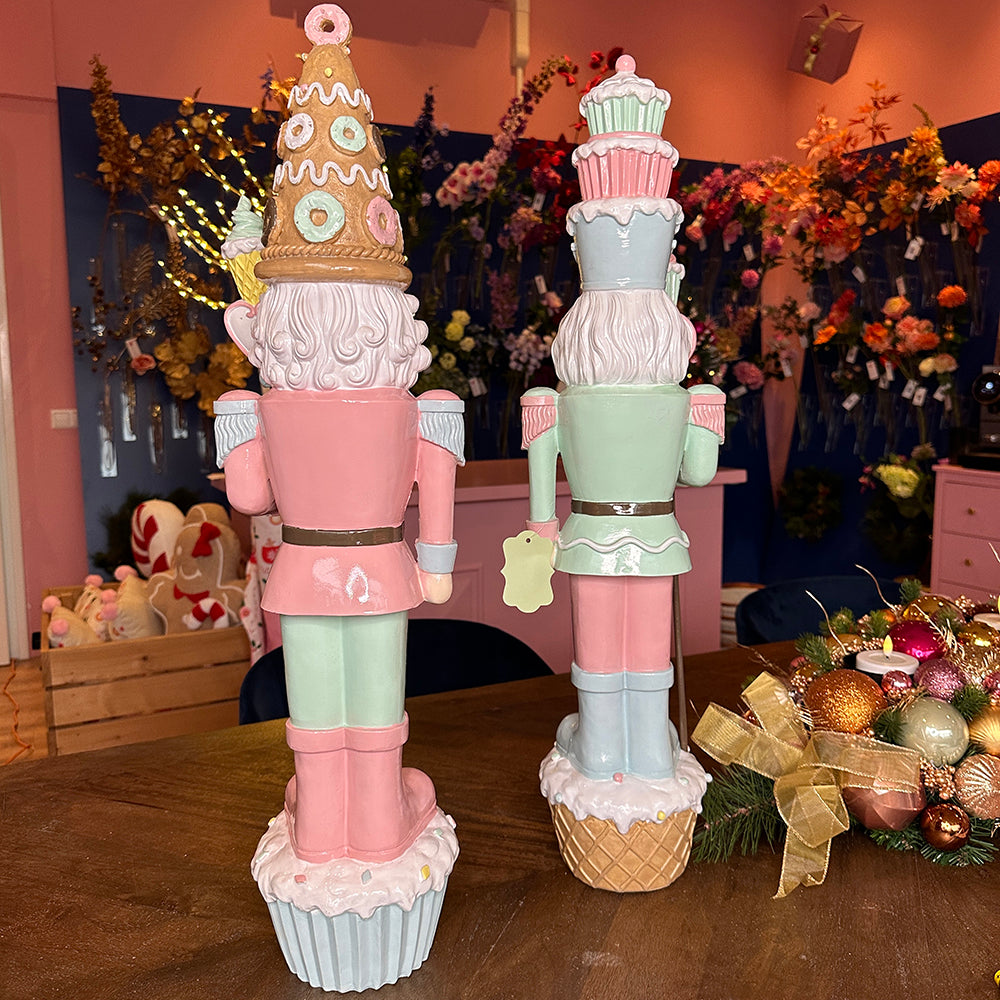 Viv! Christmas Tabletop Figure - Large Nutcracker Cupcake & Donuts incl. LED Lighting - set of 2 - Pastel - Pink Blue - 70cm