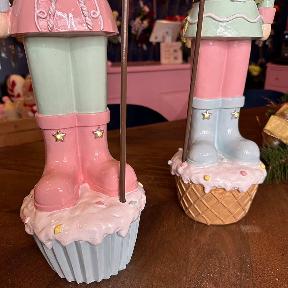 Viv! Christmas Tabletop Figure - Large Nutcracker Cupcake & Donuts incl. LED Lighting - set of 2 - Pastel - Pink Blue - 70cm