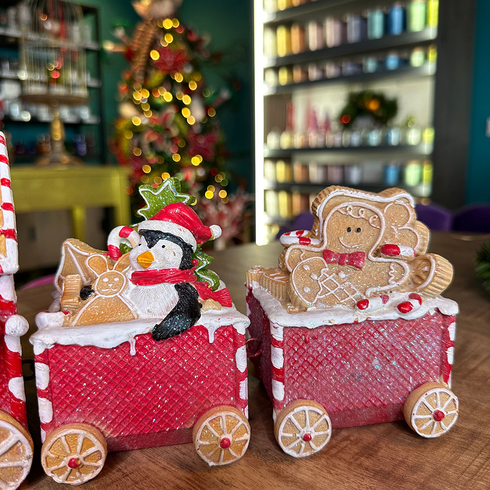 Viv! Christmas Tabletop Figure - Gingerbread Train with Penguin - red and white - 33x15cm