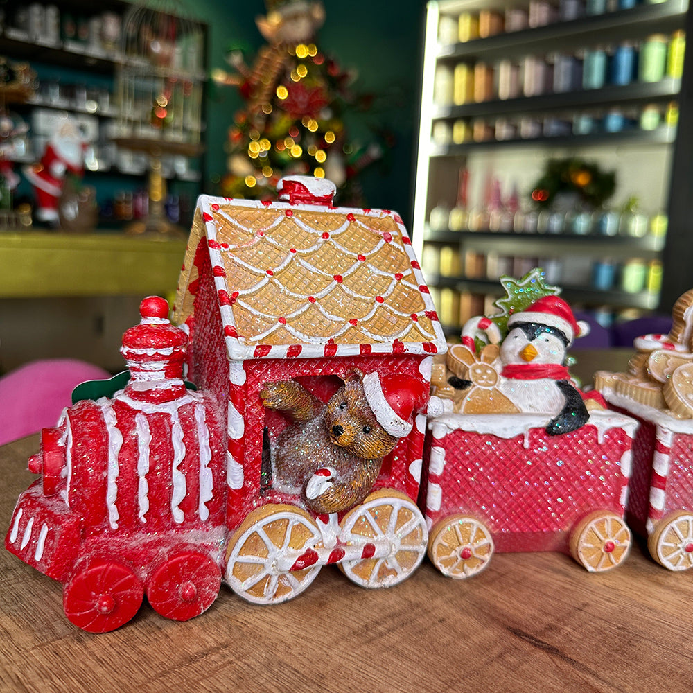 Viv! Christmas Tabletop Figure - Gingerbread Train with Penguin - red and white - 33x15cm