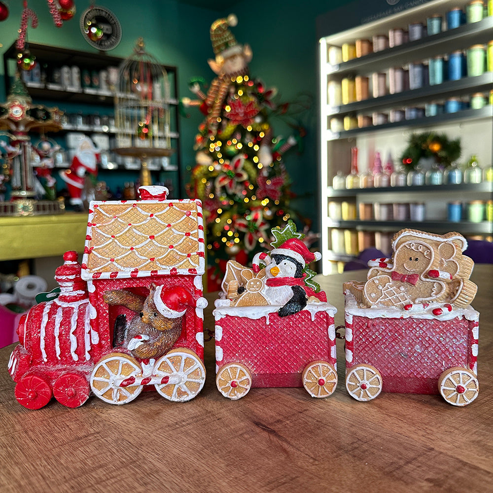 Viv! Christmas Tabletop Figure - Gingerbread Train with Penguin - red and white - 33x15cm