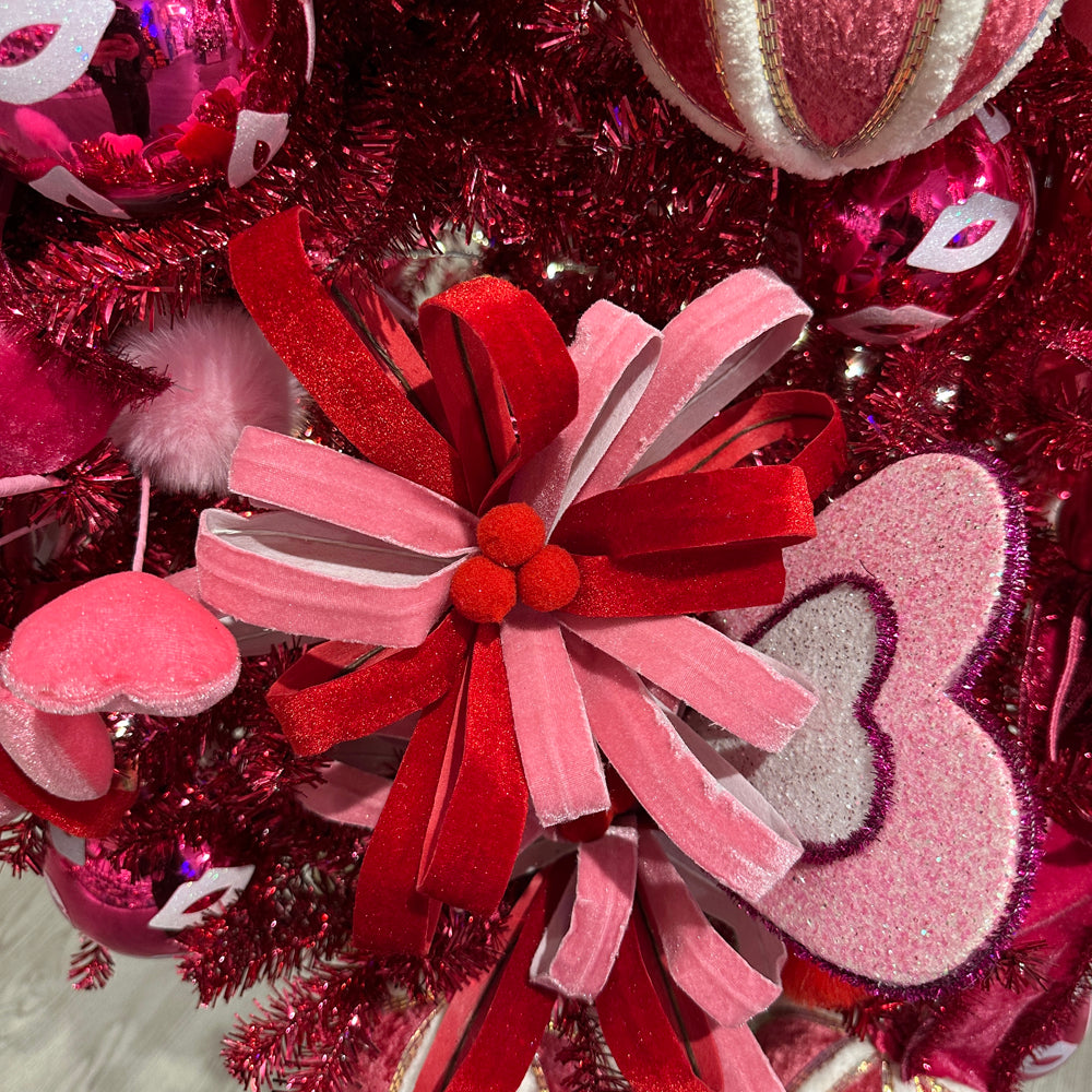 Viv! Christmas Pick - Velvet Flower w/ Pom Poms - Pink Red - 53 cm