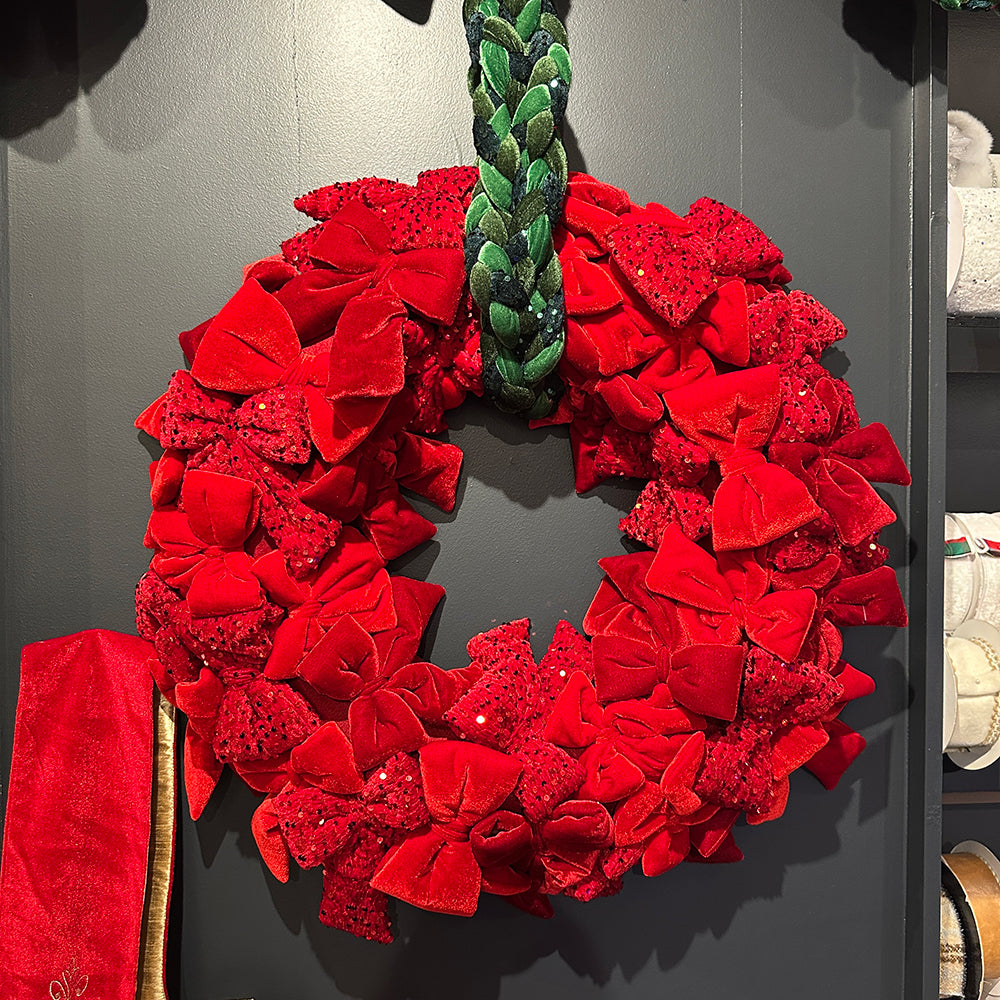 Viv! Christmas Luxury Wreath - Velvet Bows w/ Sequins - Red - 76 cm