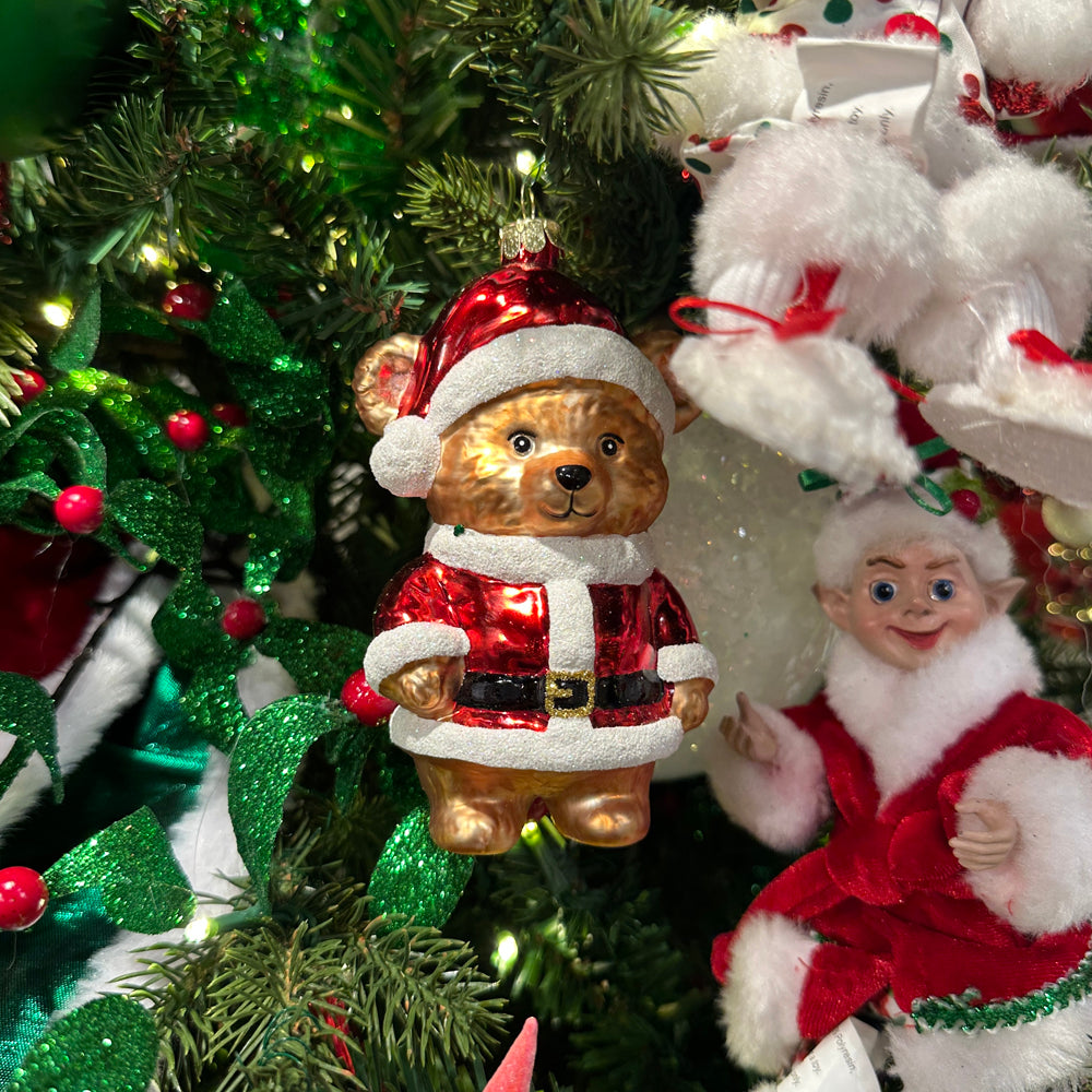 Viv! Christmas Weihnachtsanhänger - Teddybär mit Weihnachtsmütze - 2er-Set - Glas - Rot - 12 cm