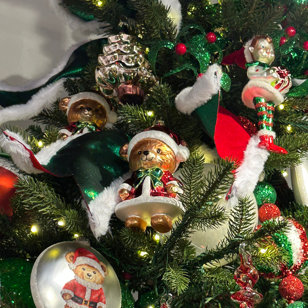 Viv! Christmas Weihnachtsanhänger - Teddybär mit Weihnachtsmütze - 2er-Set - Glas - Rot - 12 cm