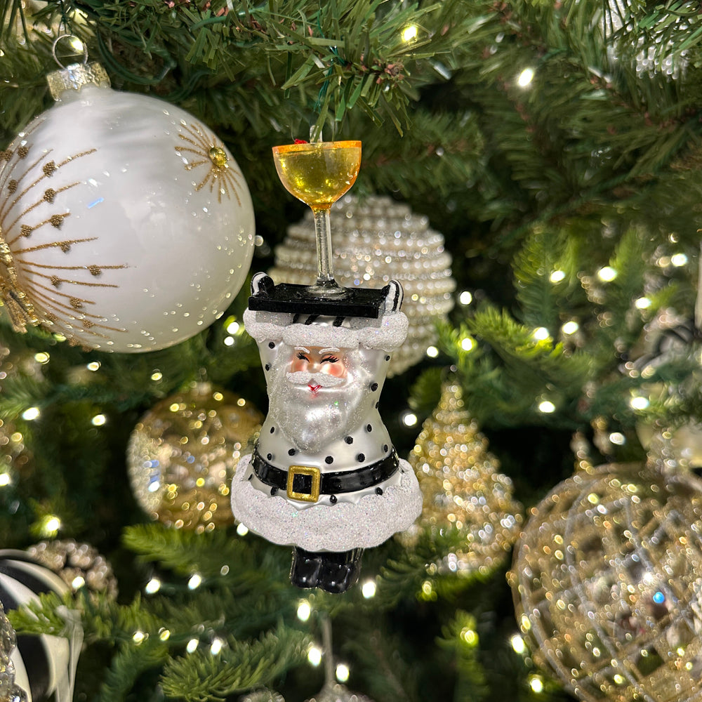 Viv! Christmas Ornament - Champagne Service Santa - Glass - Black White - 9 cm