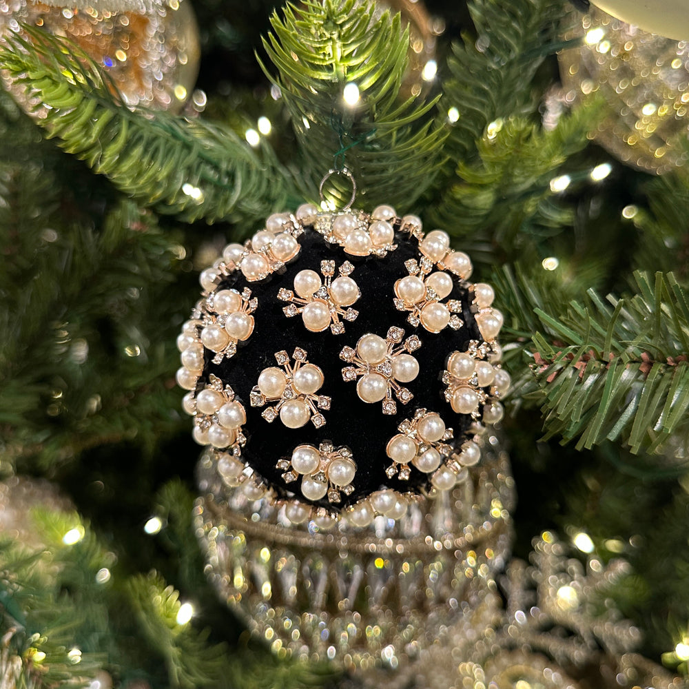 Viv! Christmas Bauble - Pearl & Rhinestone Cluster - Set of 2 - Black - 9 cm