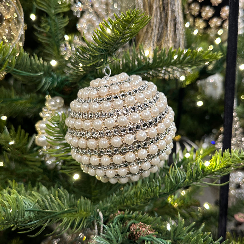 Viv! Christmas Bauble - Pearls & Rhinestones - Set of 2 - White - 10 cm