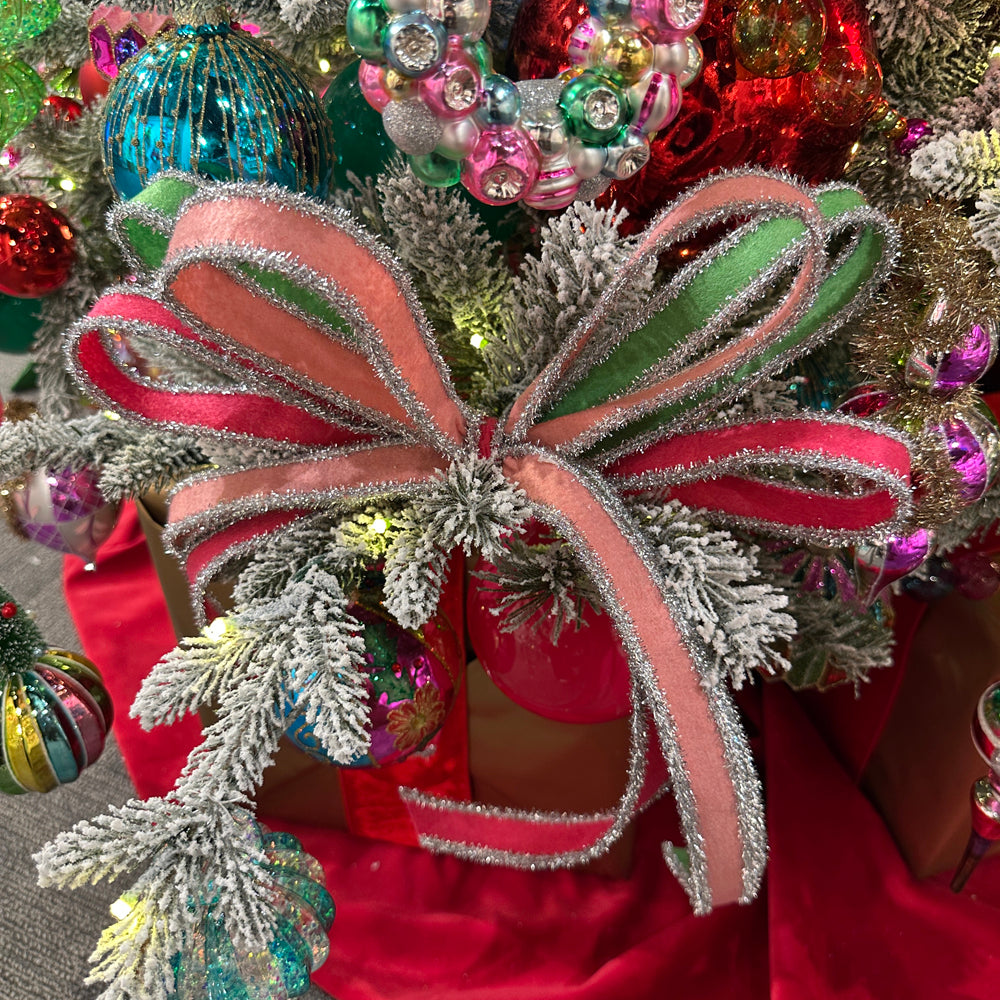 Viv! Christmas Wired Ribbon - Tinsel Felt - Dark Pink Silver - 2.5 cm x 9.1 m
