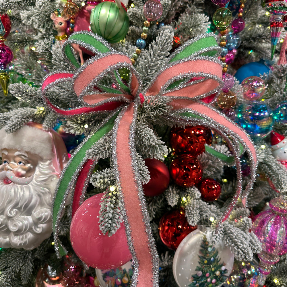 Viv! Christmas Wired Ribbon - Tinsel Felt - Dark Pink Silver - 2.5 cm x 9.1 m