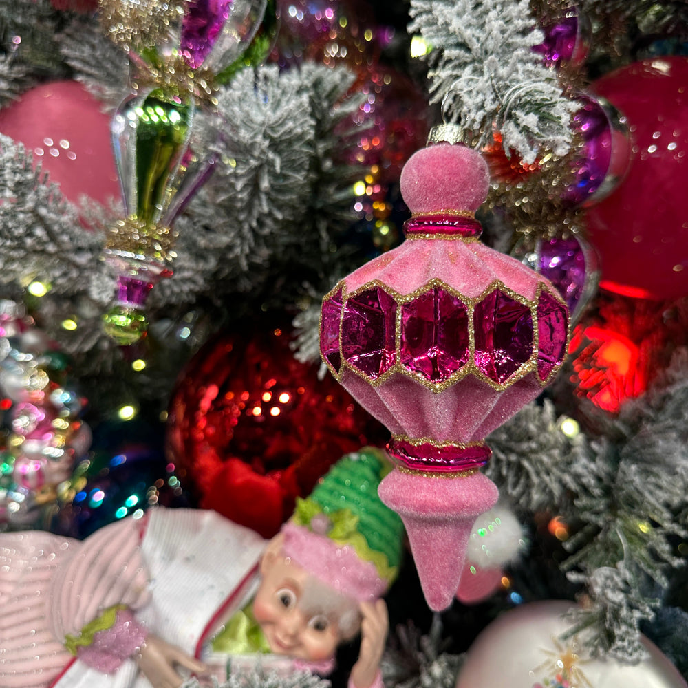 Viv! Christmas Ornament - Velvet Finials w/ Glitter - Set of 3 - Glass - 14 cm