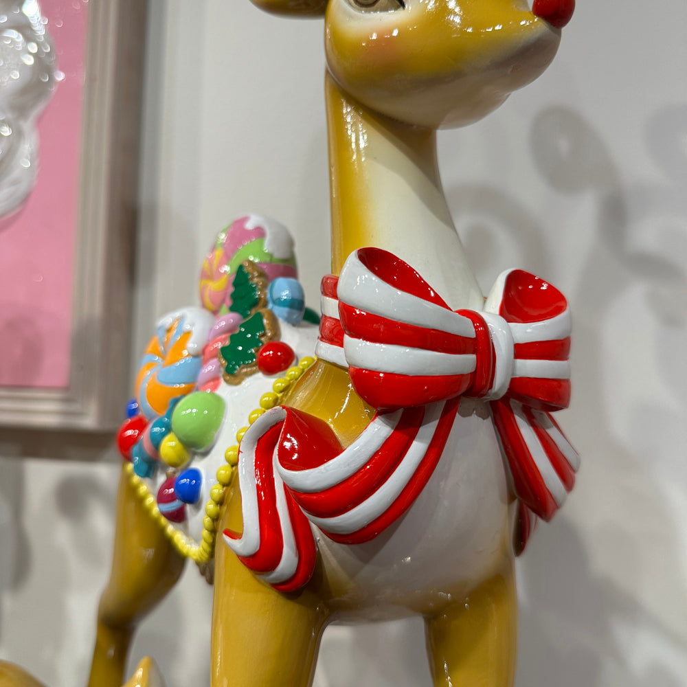 Viv! Christmas Tabletop Figure - Candy Reindeer w/ Bow - Pink Red - 50 cm