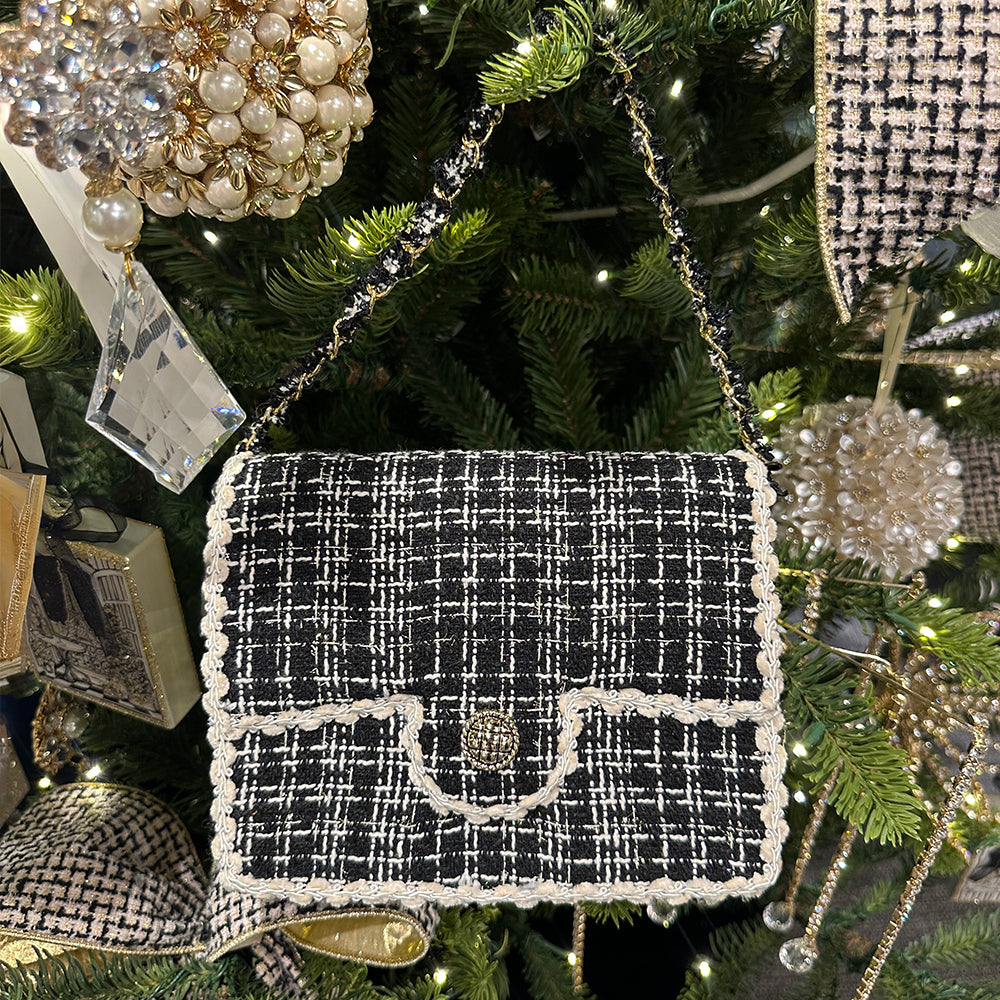 Viv! Christmas Tree Centrepiece - Luxury Tweed Handbag - Black White - 23 cm