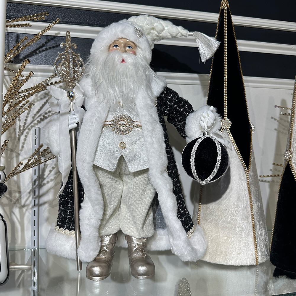 Viv! Christmas Tabletop Figure - Tweed Santa Doll w/ Jewels - Black White - 51 cm