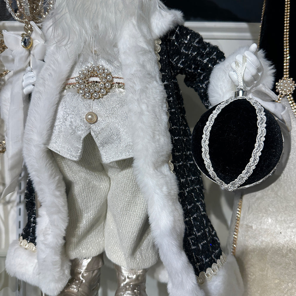 Viv! Christmas Tabletop Figure - Tweed Santa Doll w/ Jewels - Black White - 51 cm