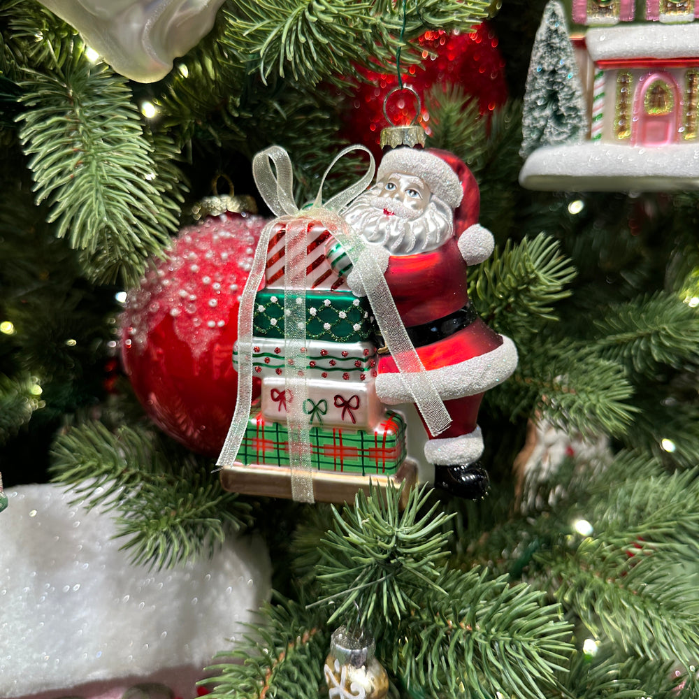 Viv! Christmas Kerstornament - Kerstman met Cadeaus - glas - rood groen - 10cm