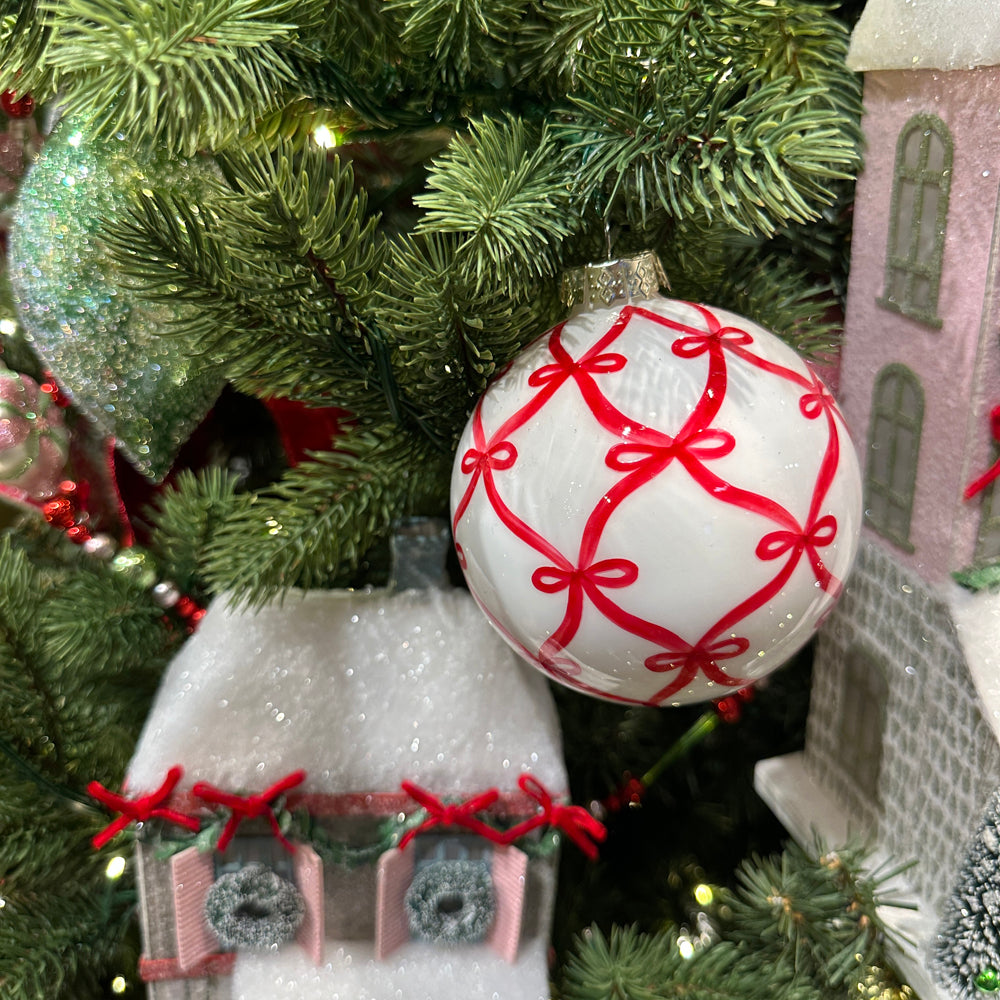 Viv! Christmas Kerstbal - Rode Strikken - glas - rood wit - 10cm